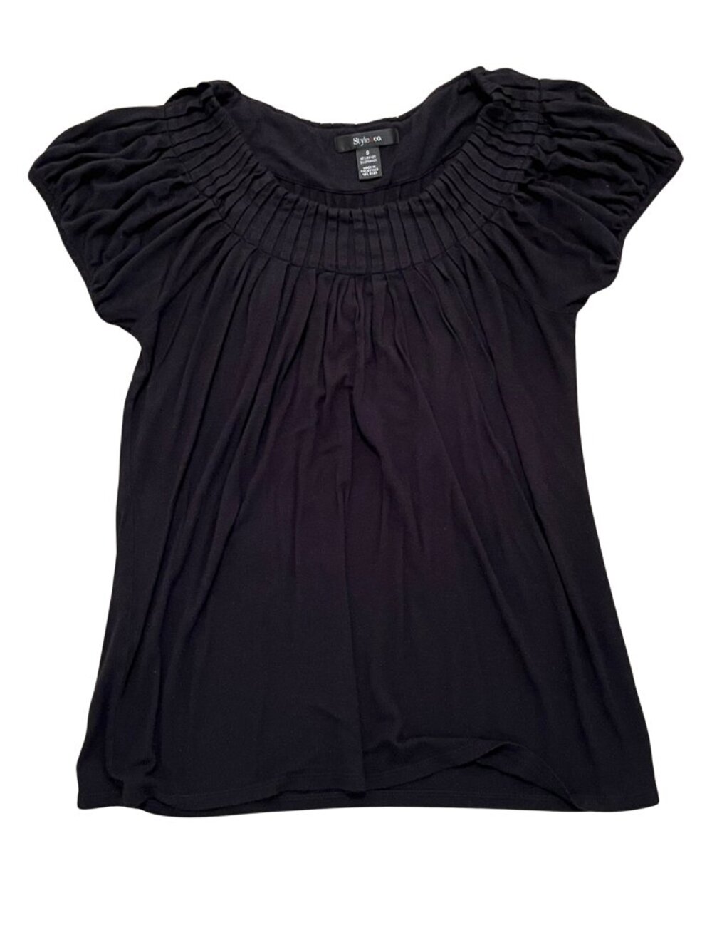 Style & Co. Black Cap Sleeve Pleated Scoop Neckline Top, Size Small